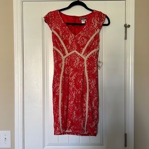 Red and nude cocktail or party dress.